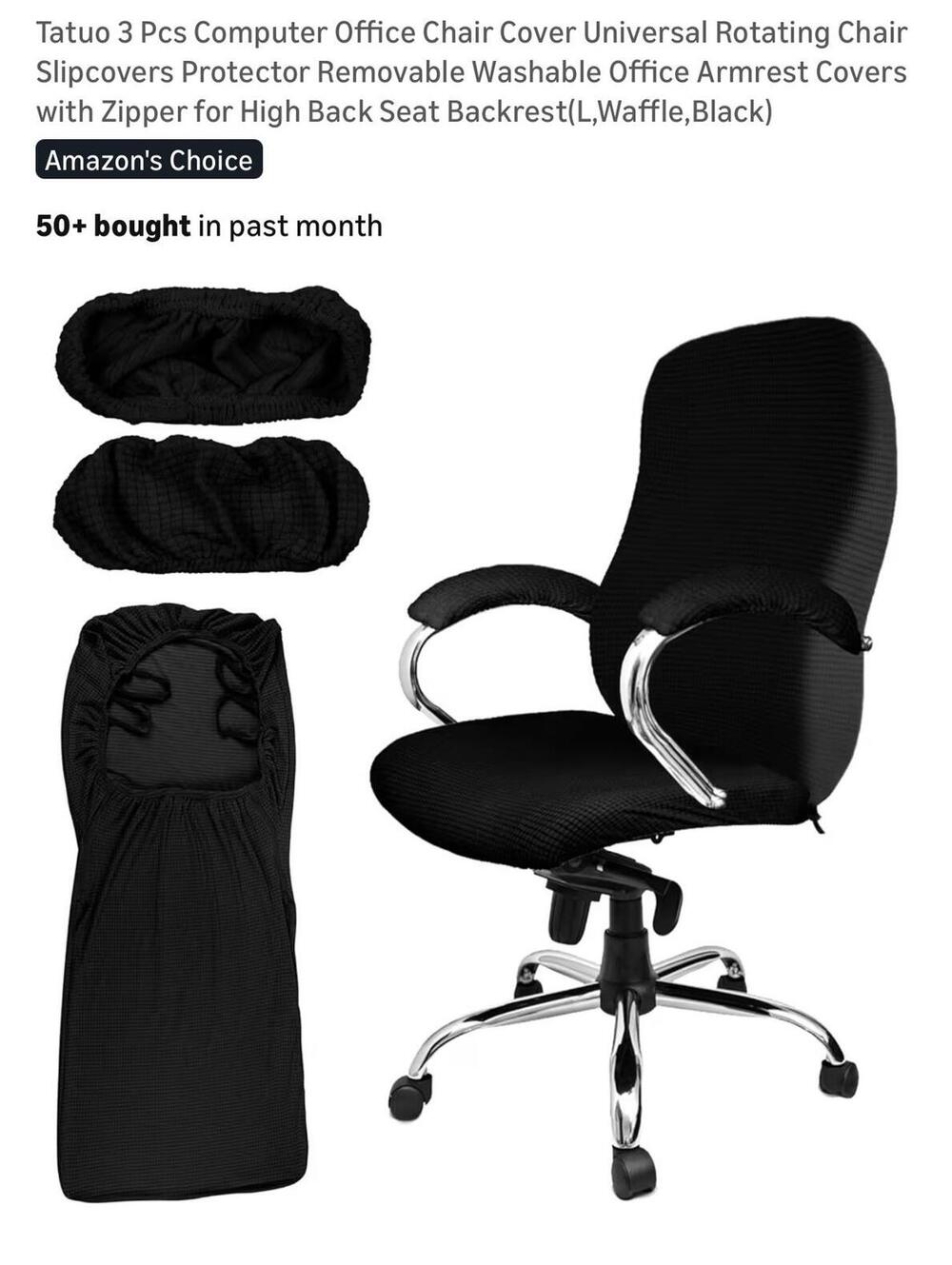Tatuo 3 Pcs Computer Office Chair Cover Set - Black Waffle Texture, Size L